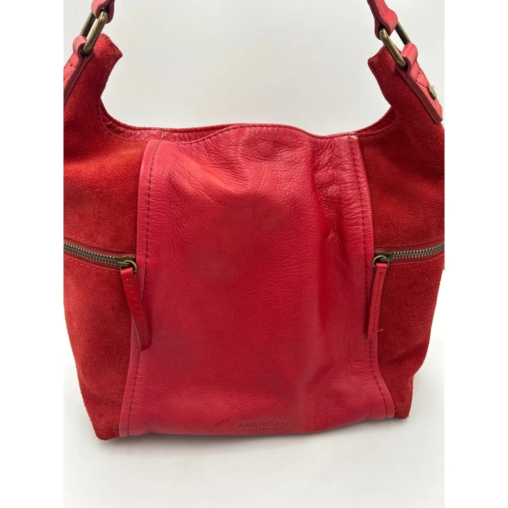 American Leather Co Red Leather Suede Hobo Bag Antique Brass Hardware